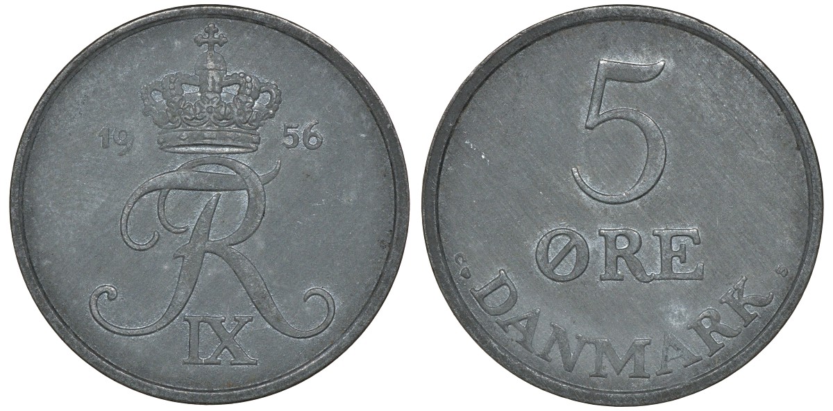 Дания 5 эре 1956 C; S, Фредерик IX KM 843.1 цинк 4162-125