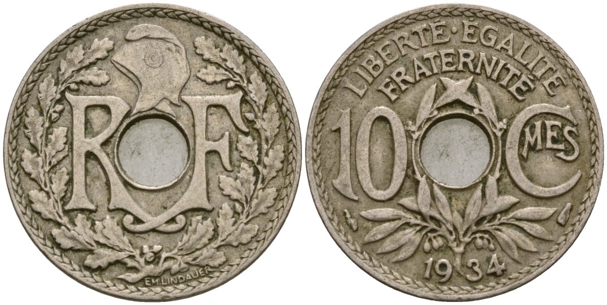 Франция 10 сантимов 1934 KM 866a медно-никель 51-2712