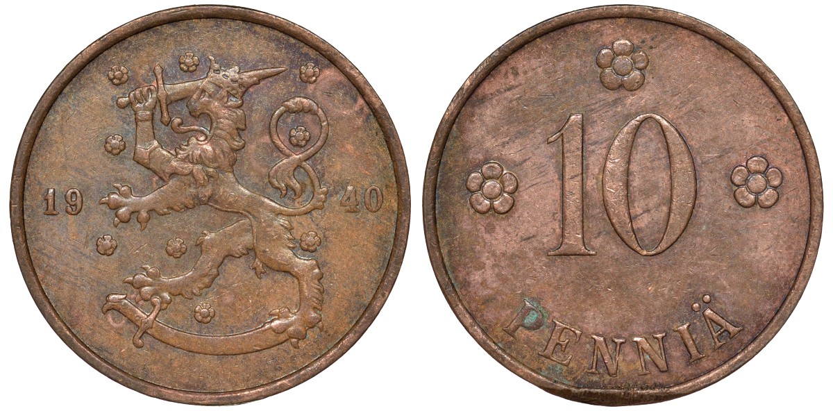 Финляндия 10 пенни 1940 республика (1918-1962) KM 24 медь 51-3354