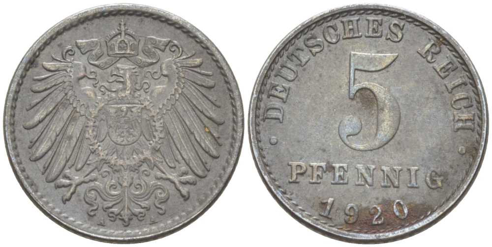 ГЕРМАНИЯ 5 ПФЕННИГОВ 1920 A KM 19, J. 297, Weege 5 железо 206-729