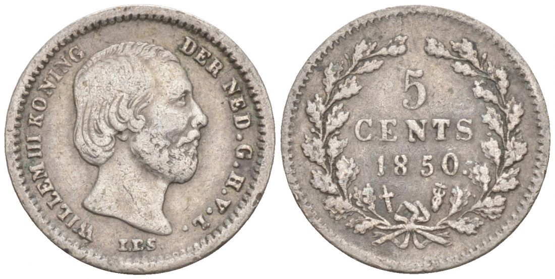 Нидерланды 5 центов 1850 Виллем III (1849-1890), точка после даты KM 91 серебро 44-1016