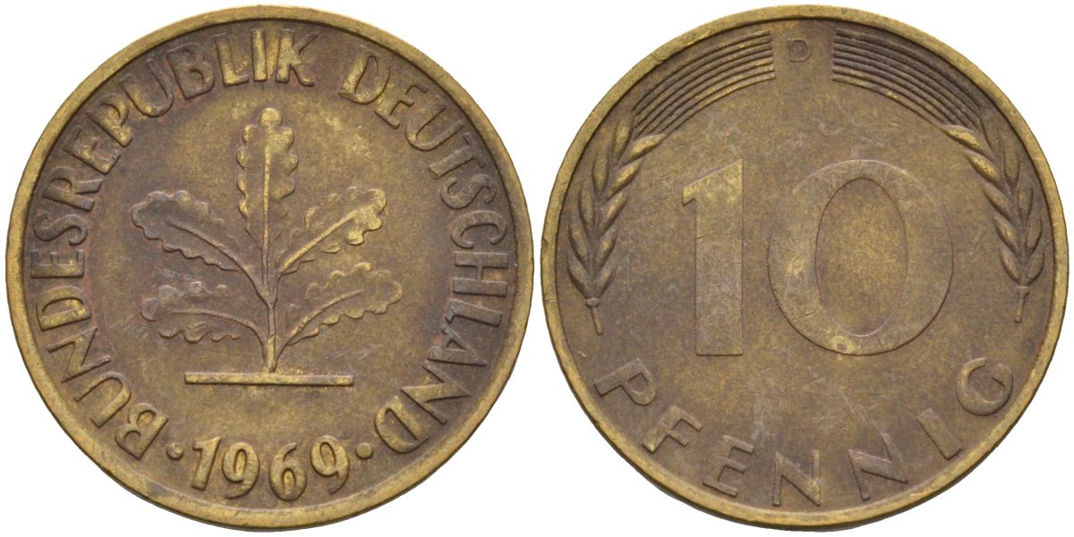 ФРГ 10 пфеннигов 1969 D KM 108 сталь плакированная латунью 4126-533