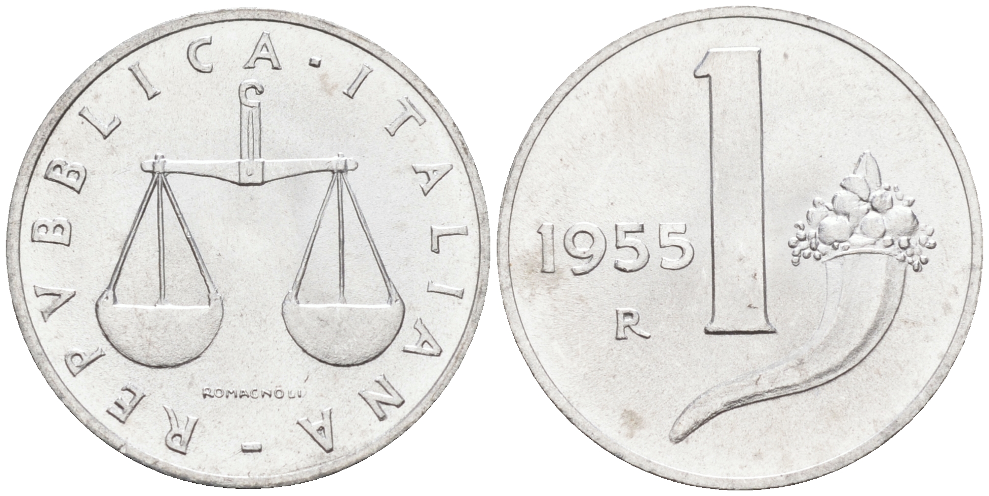 Италия 1 лира 1955 R, весы KM 91 алюминий  UNC  4594-631