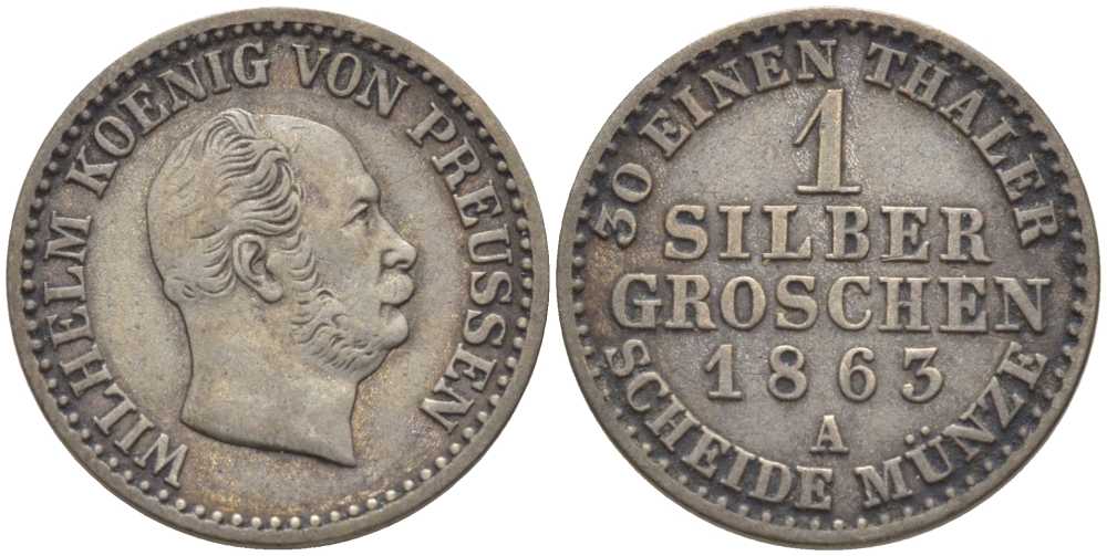 ПРУССИЯ 1 ГРОШ 1863 А, ВИЛЬГЕЛЬМ I (1861-1888) KM 485 серебро 201-638