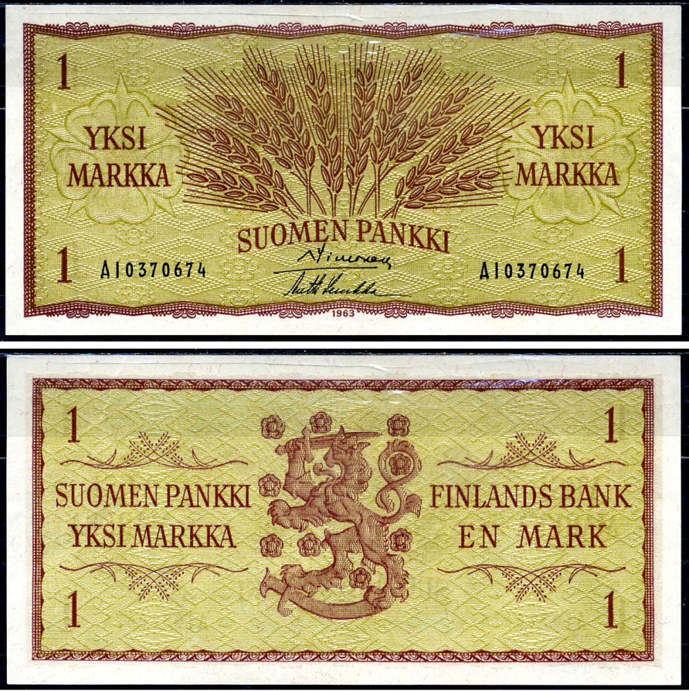 Финляндия 1 марка 1963 Pick 98 а (16) бумага aUNC 450-39-1