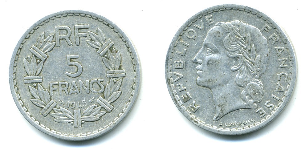 Франция 5 франков 1945 KM 888b.1, Le Franc 339.3 алюминий 47-642