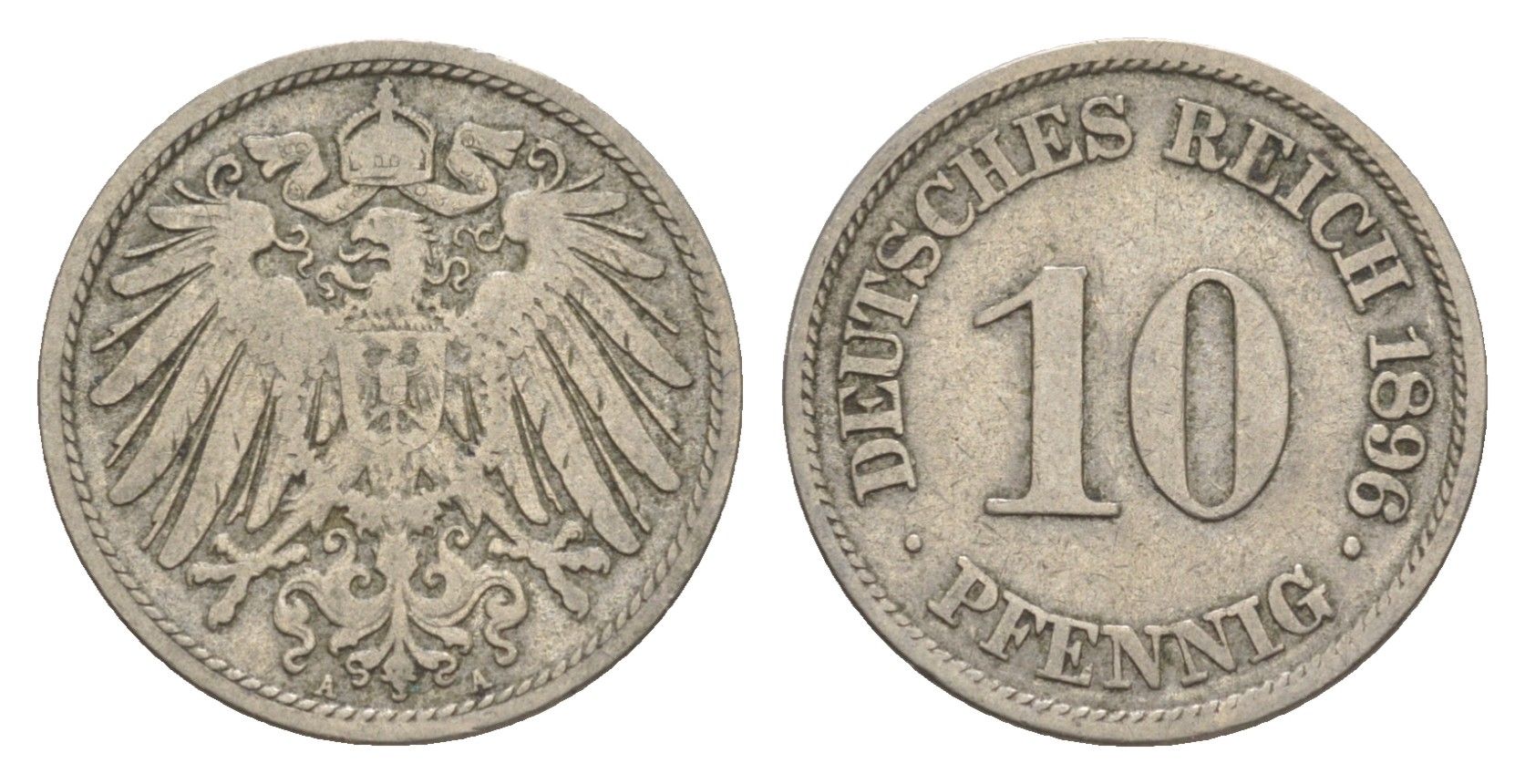 Германия 10 пфеннигов 1896 A, Вильгельм II (1888-1918) KM 12, J. 13 медно-никель 4644-1143