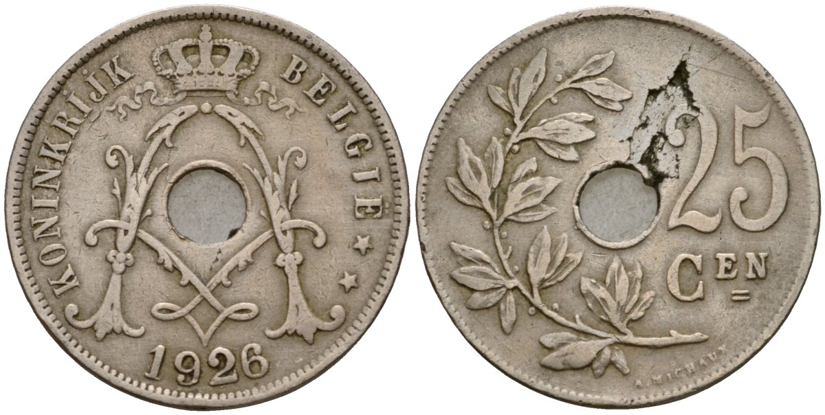 Бельгия 25 сантимов 1926 Belgie KM 69 медно-никель 33-1141