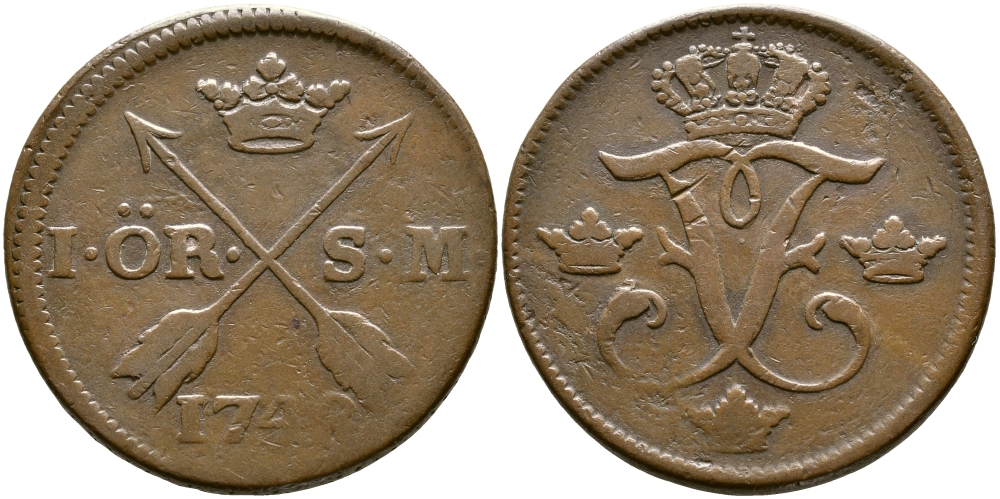 Швеция 1 эре 1748 S.M. Фредерик I (1720-1751) KM 416.1 медь 47-141