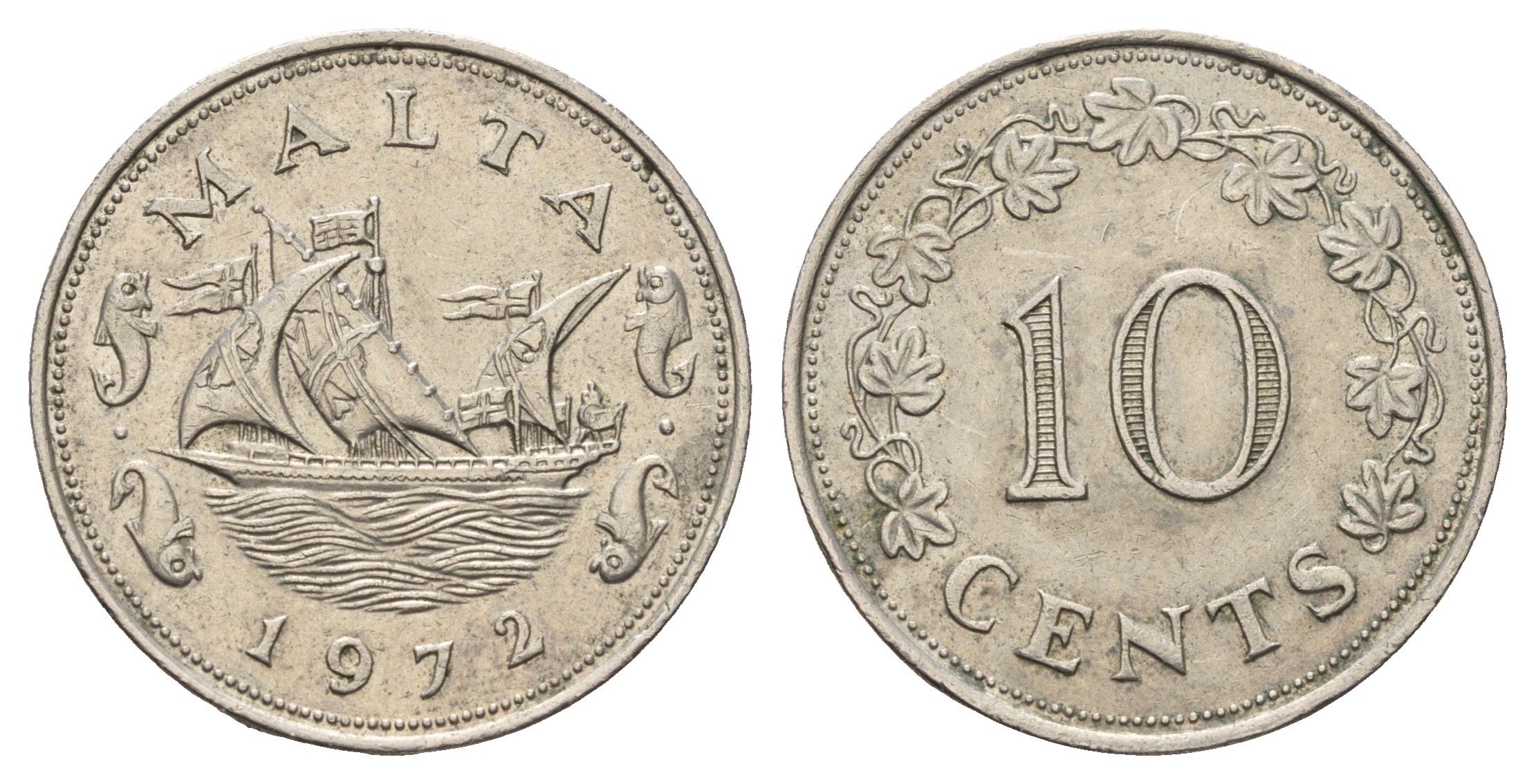 Мальта 10 центов 1972 баржа Великого магистра KM 11 медно-никель 4678-955