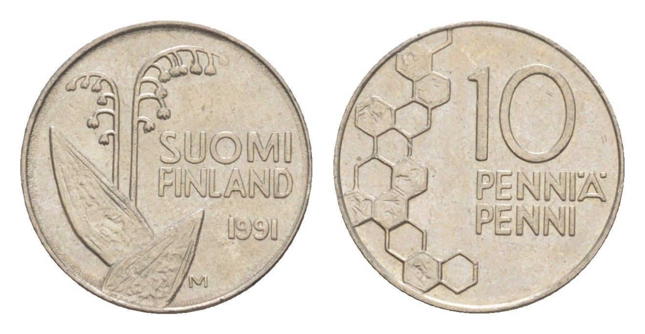 Финляндия 10 пенни 1991 KM 65 медно-никель 4647-352