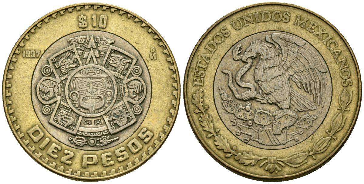 Мексика 10 песо 1997 Мо, бог Тонатиуха с огненной маской KM 616 биметалл 4120-333