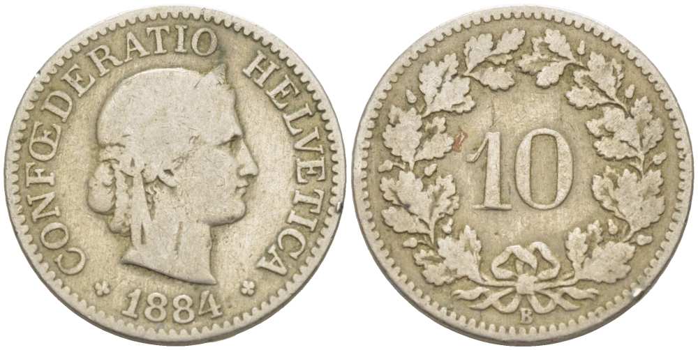 Швейцария 10 раппенов 1884 В KM 27 медно-никель 4513-157