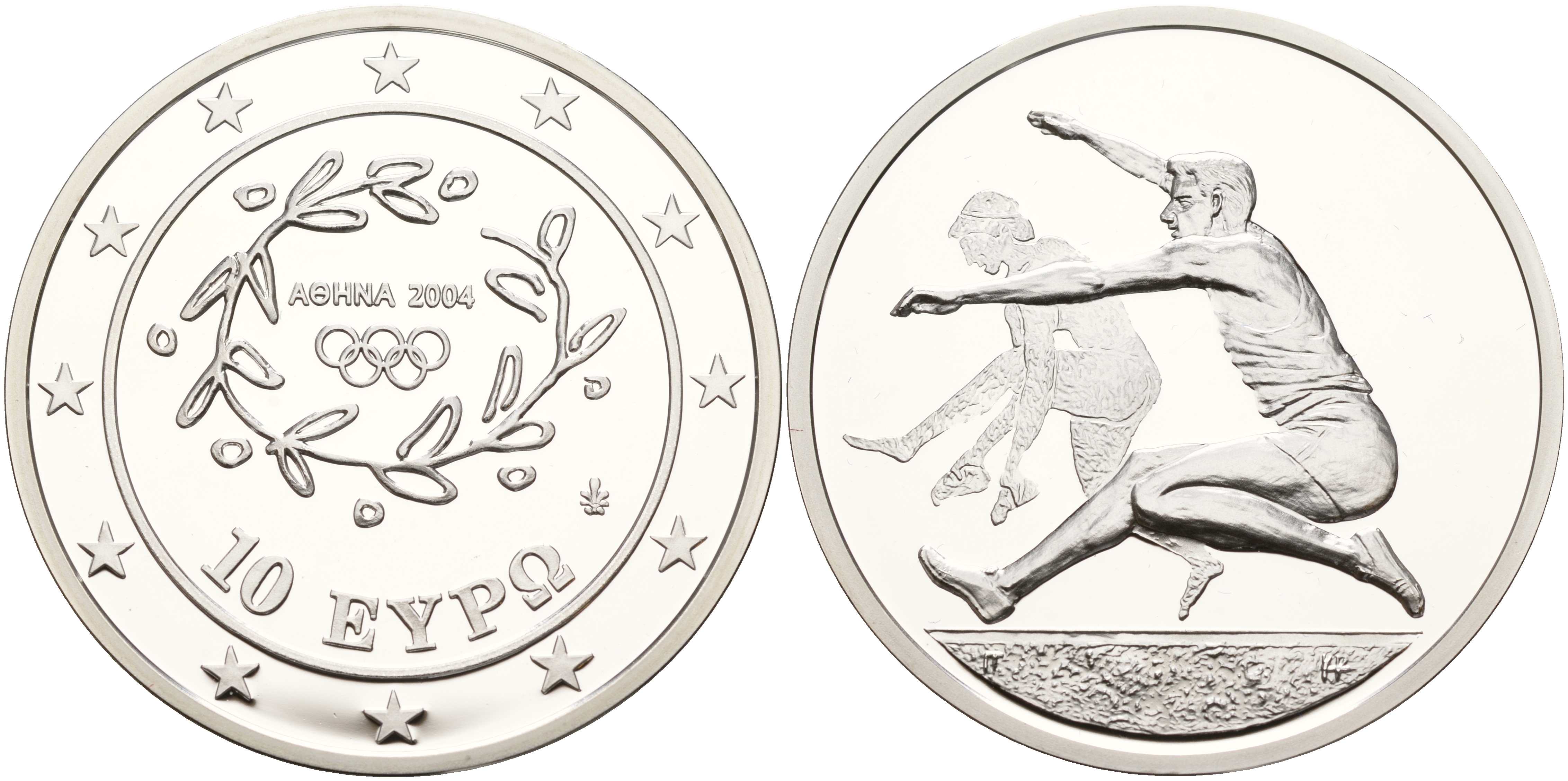 Греция 10 евро 2003 XXVIII летние Олимпийские игры 2004 года в Афинах, прыжки в длину KM 194 серебро PROOF 11-244-15