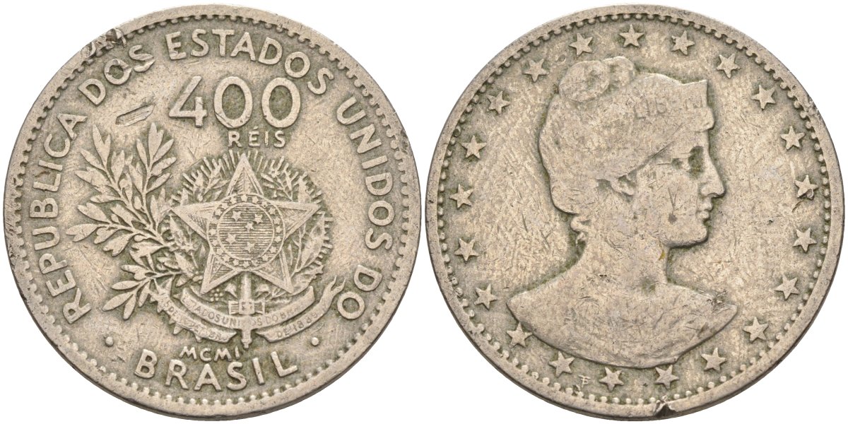 Бразилия 400 рейс 1901 голова свободы вправо KM 505 медно-никель 4367-145