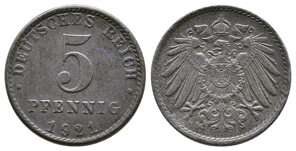 Германия 5 пфеннигов 1921 A KM 19, J. 297, Weege 5 железо 4380-158