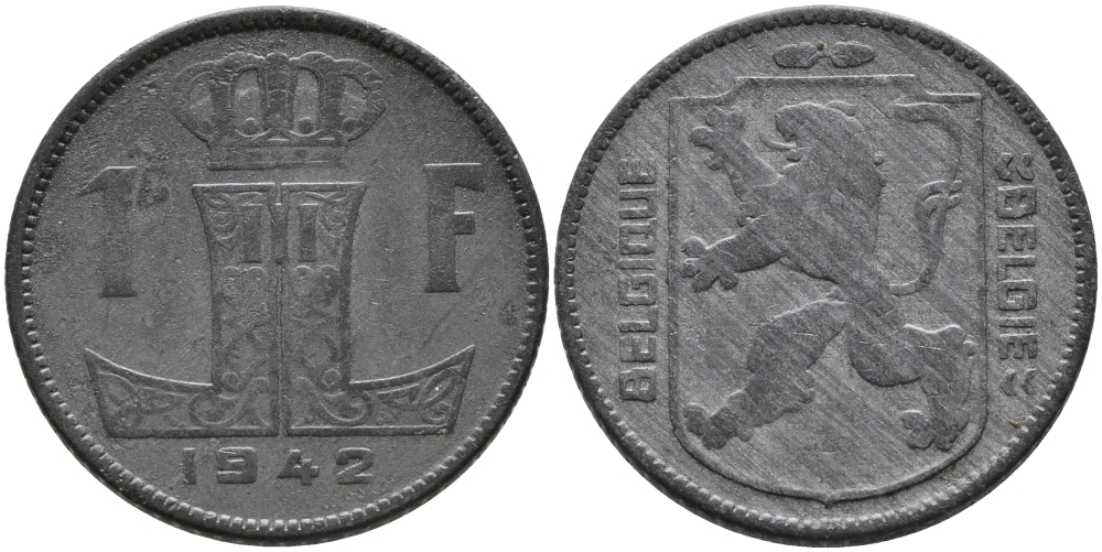 БЕЛЬГИЯ 1 ФРАНК 1942 BELGIQUE-BELGIE, ГЕРМАНСКАЯ ОККУПАЦИЯ, ВТОРАЯ МИРОВАЯ ВОЙНА KM 127 цинк 4390-752