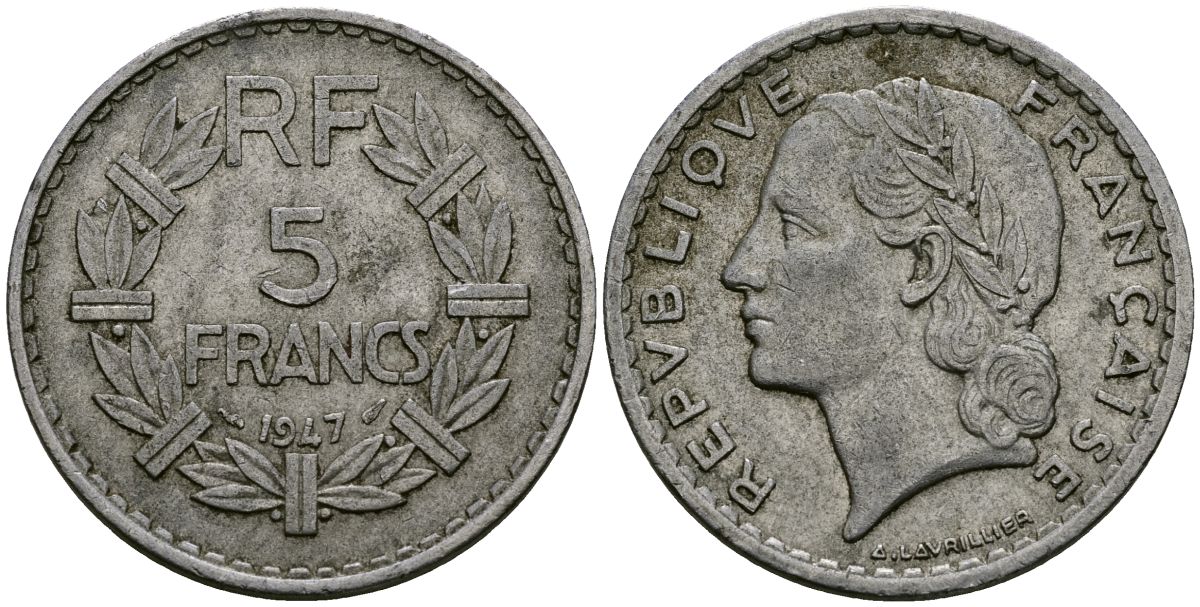 Франция 5 франков 1947 Без отметки монетного двора KM 888b алюминий 4593-714