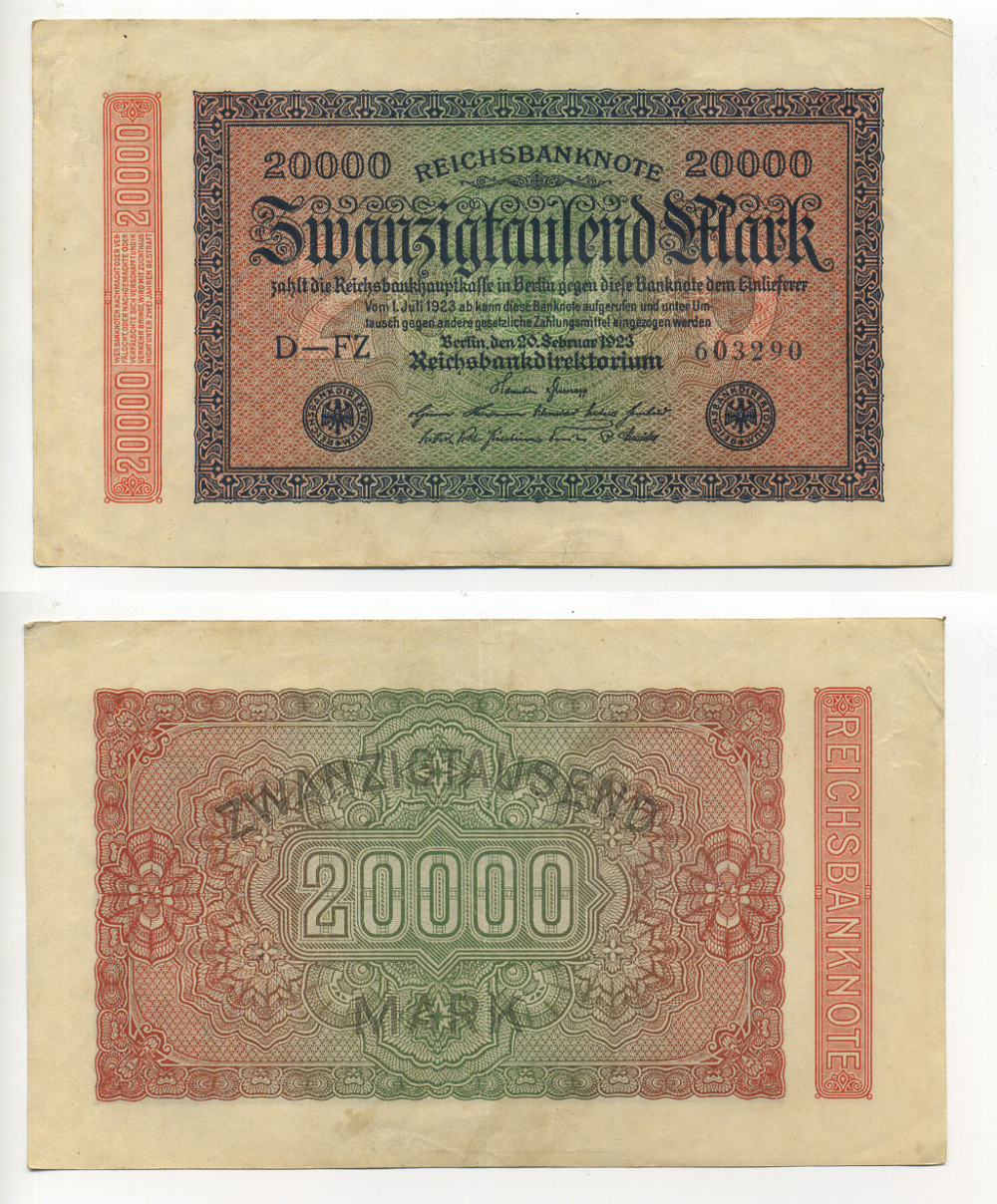 ГЕРМАНИЯ 20000 МАРОК 1923 20 ФЕВРАЛЯ 1923, ВОДЯНОЙ ЗНАК L Pick 85a бумага 6317-18-3