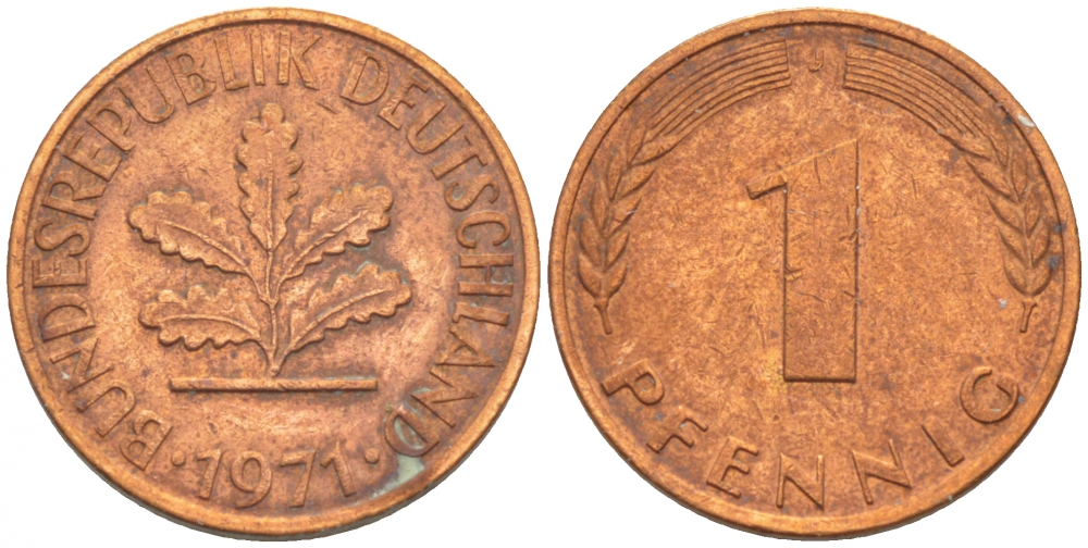 ФРГ 1 ПФЕННИГ 1971 J KM 105, J.380 сталь плакированная медью 4396-1521