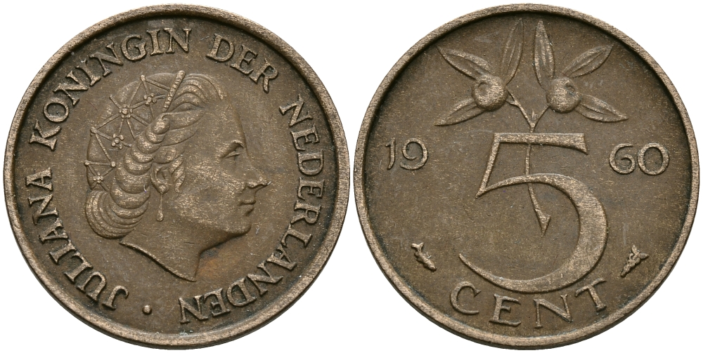 НИДЕРЛАНДЫ 5 ЦЕНТОВ 1960 ЮЛИАНА KM 181 бронза 95-343