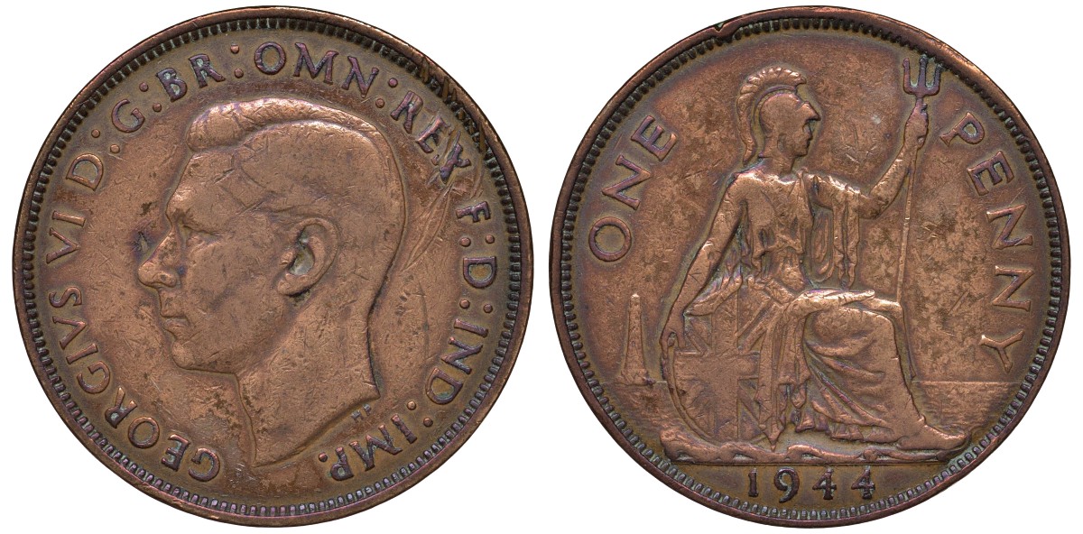 Великобритания 1 пенни 1944 Георг VI (1936-1952) KM 845, Spink 4114 бронза 4131-435