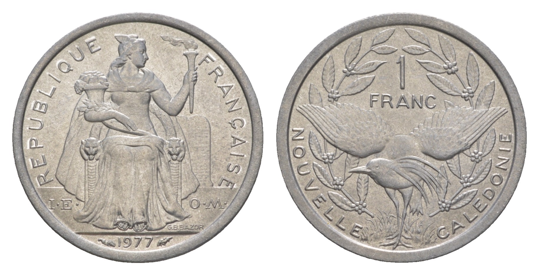 Французская Новая Каледония 1 франк 1977  KM 10 алюминий  UNC  4641-126