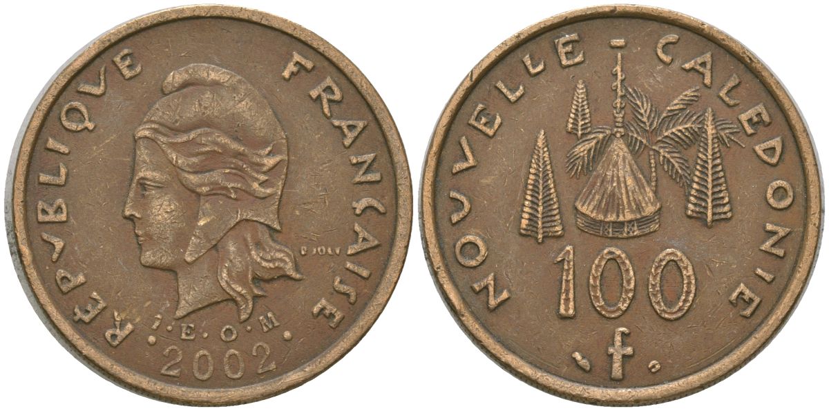Французская Новая Каледония 100 франков 2002 хижина среди сосен и пальм, (IEOM) KM 15, Schoen 16, Lec 139f никель латунь 4149-131