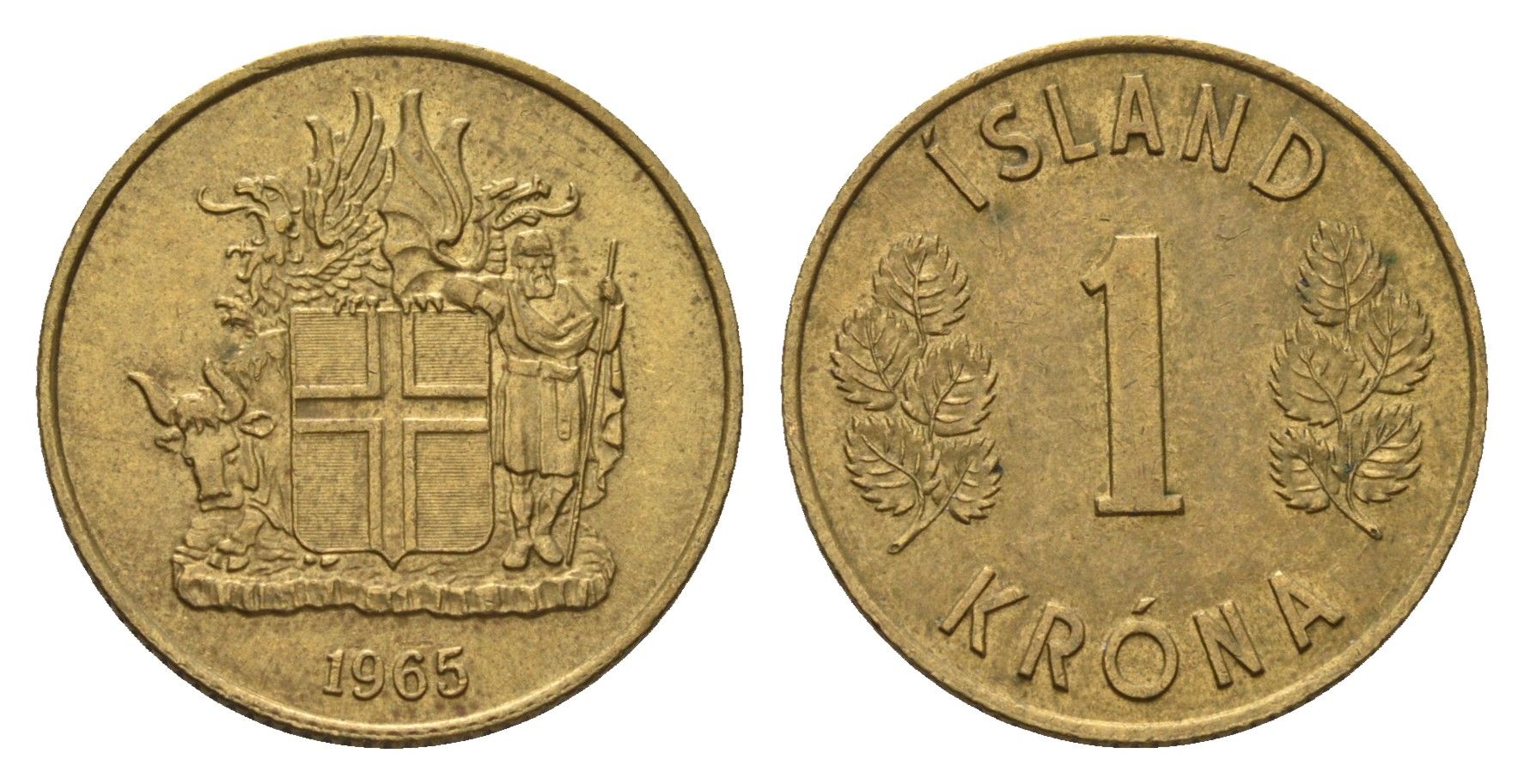 Исландия 1 крона 1965 KM 12a никель латунь aUNC 4691-437