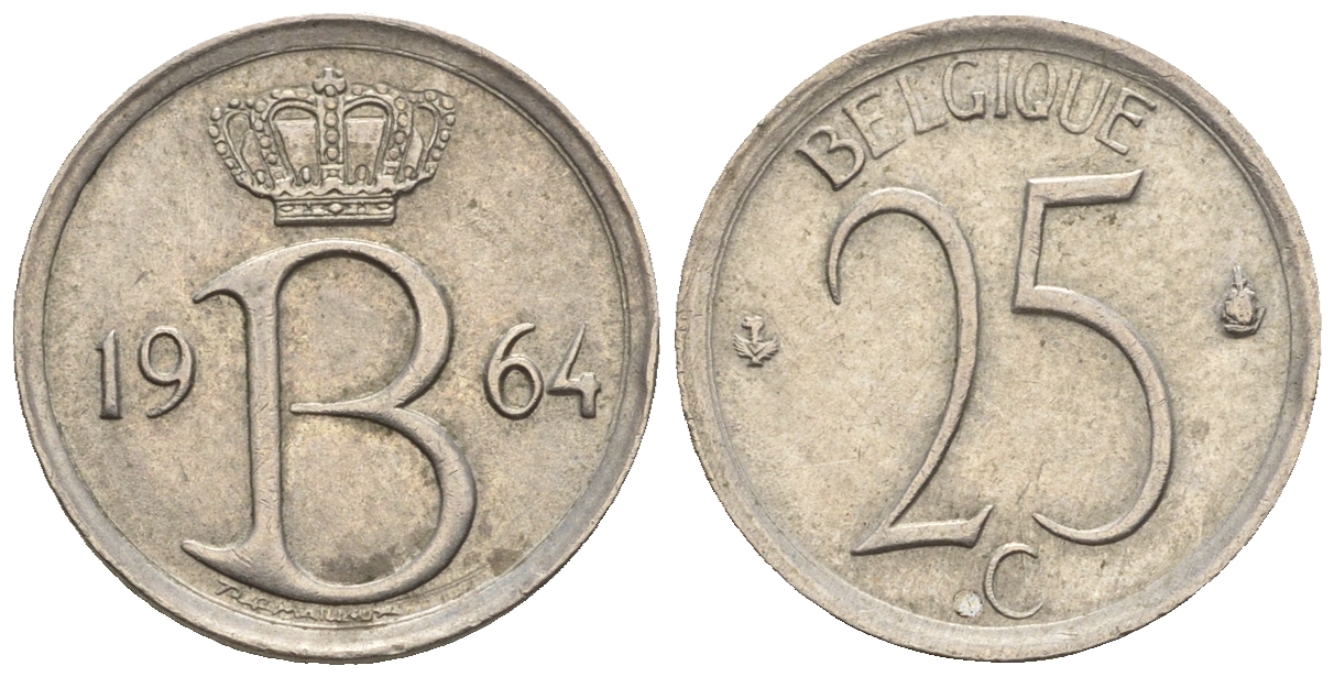 Бельгия 25 сантимов 1964 Belgique, Бодуэн I (1951-1993) KM 153.1 медно-никель 4609-738