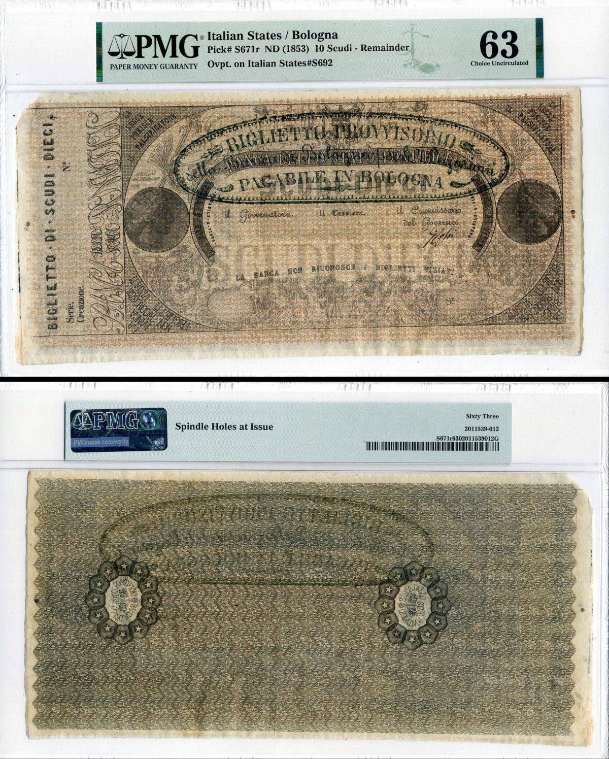 Папская область (Италия), Болонья 10 скудо 1853 в слабе PMG 63 (Choice Uncirculated) Pick S671 r бумага UNC (пресс) 452-2-65