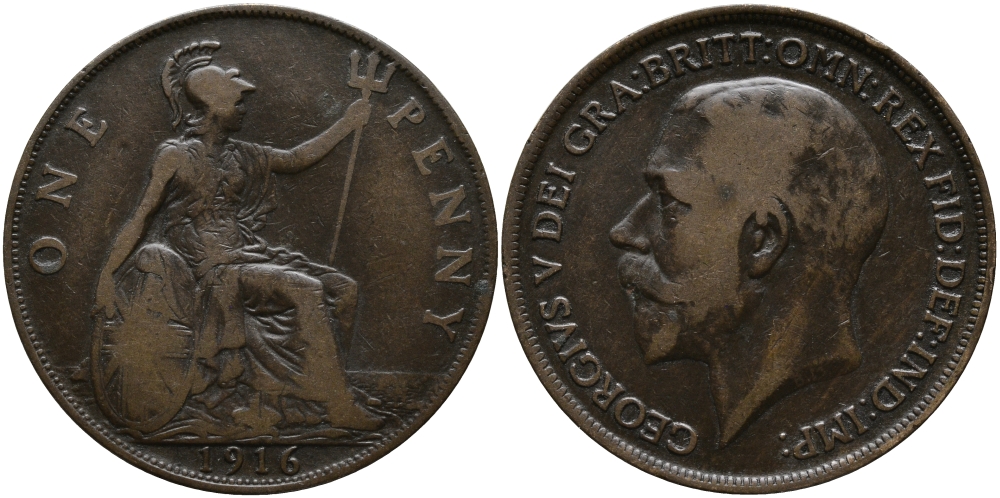 Великобритания 1 пенни 1916 Георг V (1910-1936) KM 810, Spink 4051 бронза 57-842