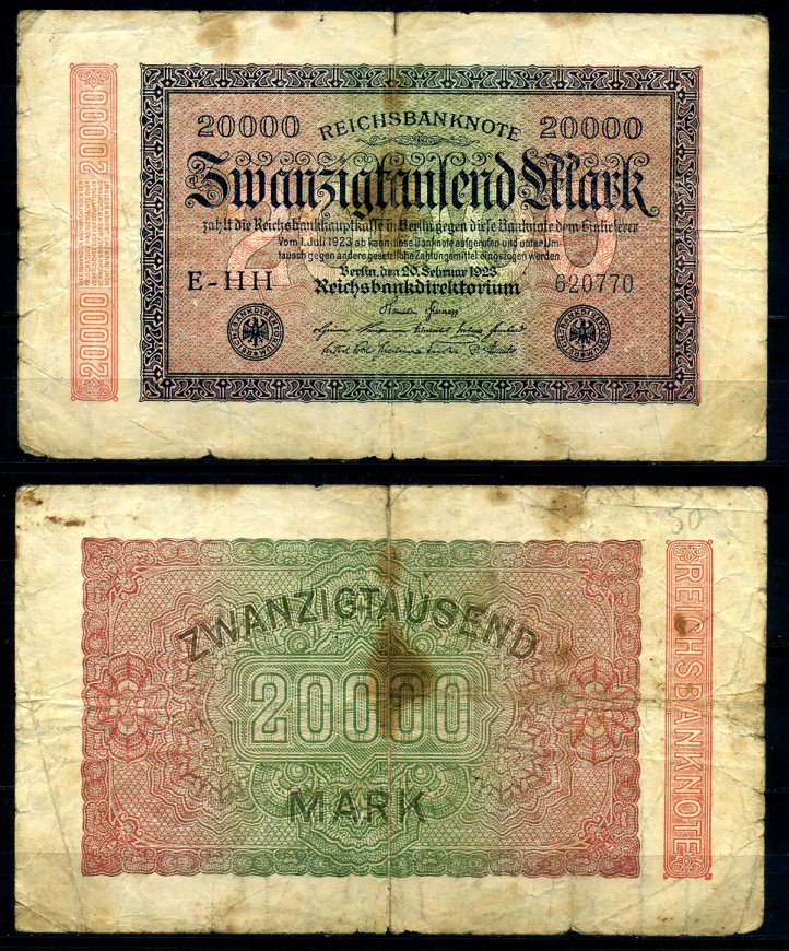 Германия 20000 марок 1923 20 февраля 1923, в/з №47, номер шестизначный Pick 85, Розенберг 84е  бумага   8617-37-1-2