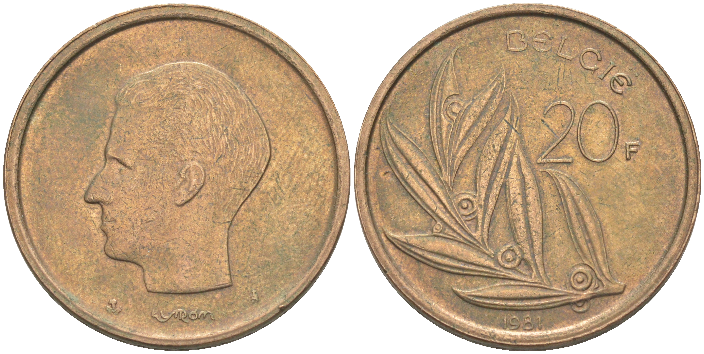 БЕЛЬГИЯ 20 ФРАНКОВ 1981 BELGIE KM 160 никель бронза 106-652