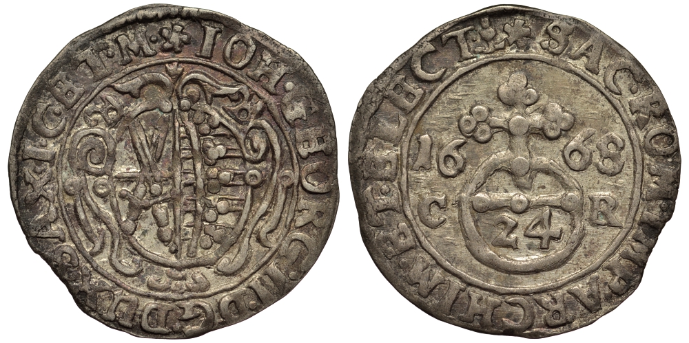 Саксония 1/24 талера 1668 C.R., Иоганн Георг II (1656-1680) KM 471, Clauss/Kahnt 436, Kohl 252 серебро    413-5741