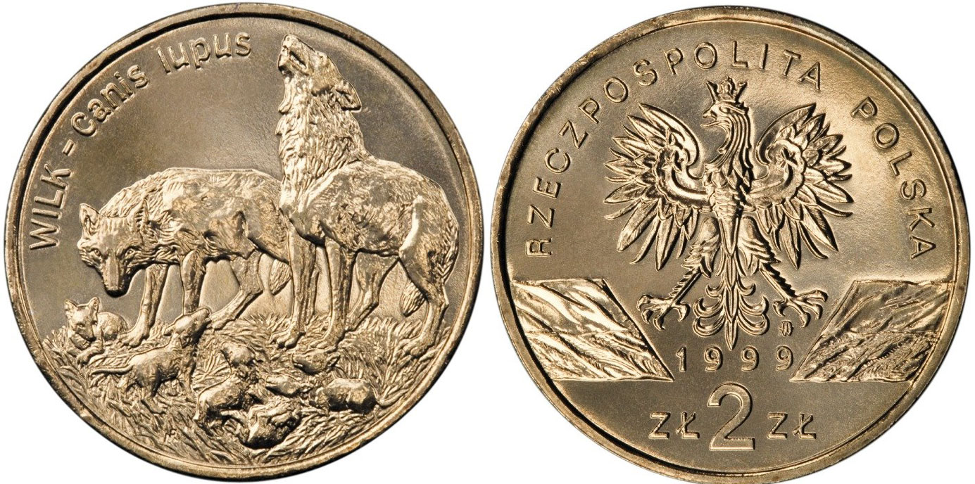 Польша 2 злотых 1999 MW, серия сохраним природу, волк KM 355 нордик UNC 1526-342