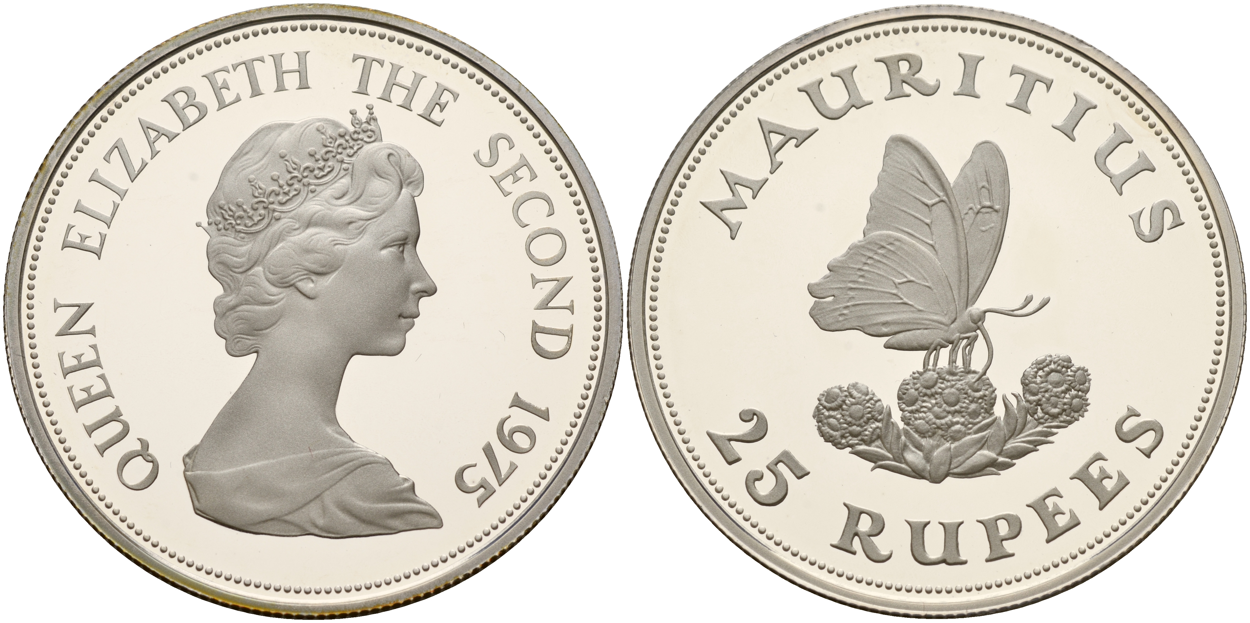 Маврикий 25 рупий 1975 серия защитите наш мир, бабочка на цветке, тираж 9869 экз., в оригинальной коробке KM 40а серебро PROOF 4-3-5-12