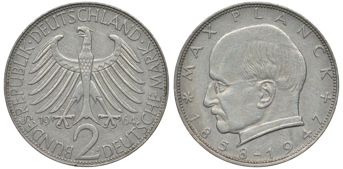 ФРГ 2 марки 1964 J, Макс Планк KM 116,  J. 392 медно-никель плакированный никелем 72-333