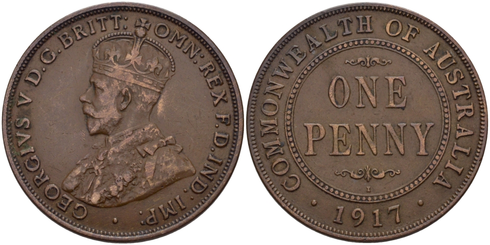 АВСТРАЛИЯ 1 ПЕННИ 1917 ГЕОРГ V KM 23 бронза 82-645