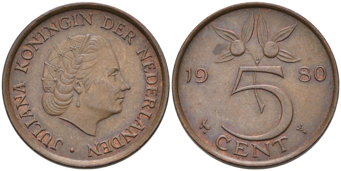 Нидерланды 5 центов 1980 Юлиана (1948-1980) KM 181 бронза 4573-414
