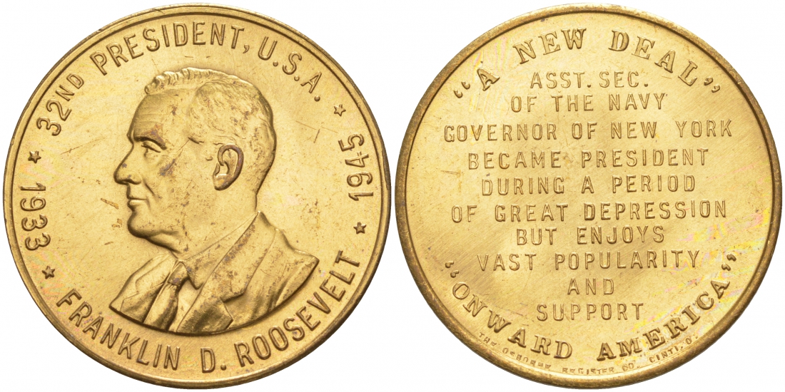 США МЕДАЛЬ ND 32-ЫЙ ПРЕЗИДЕНТ ФРАНКЛИН РУЗВЕЛЬТ 28 мм латунь 73-441