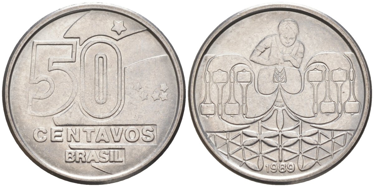БРАЗИЛИЯ 50 СЕНТАВО 1989 РЕФОРМА 1989-1990 KM 614 нержавеющая сталь 187-536