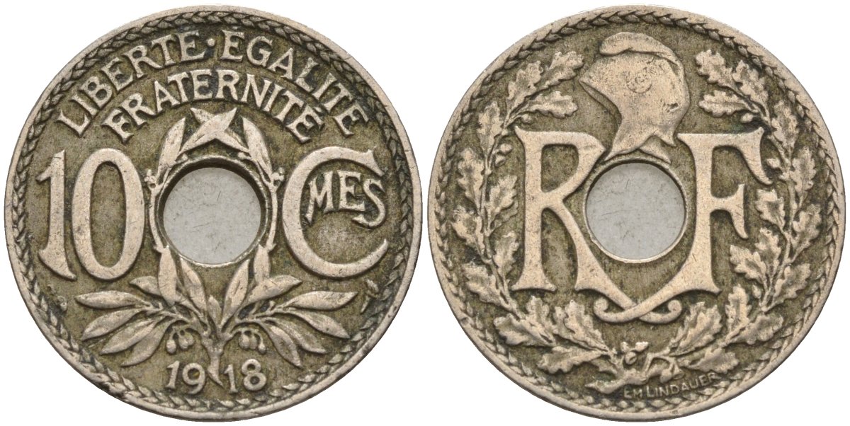 Франция 10 сантимов 1918 тип Линдайё KM 866a, Le Franc 138.3 медно-никель 4143-833