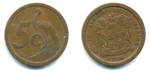 ЮАР 5 ЦЕНТОВ 1990 ГЕРБ, РАЙСКИЙ ЖУРАВЛЬ KM 134 сталь плакированная медью 23-642