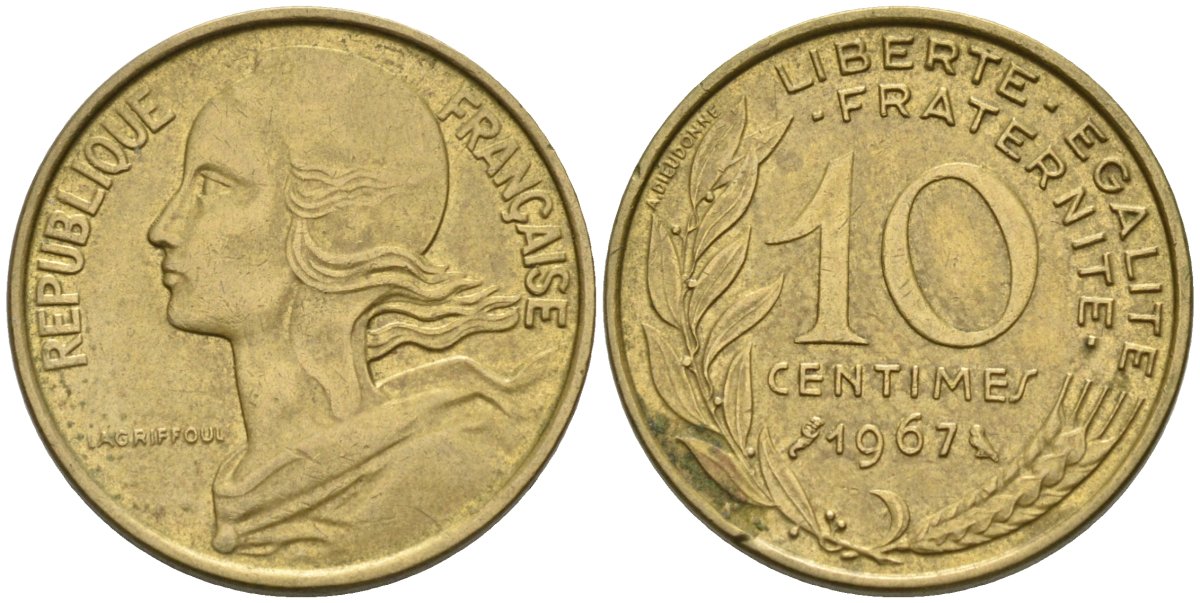 Франция 10 сантимов 1967 тип Morlon KM 929, LE FRANC 144.7 медь алюминий никель 4575-155