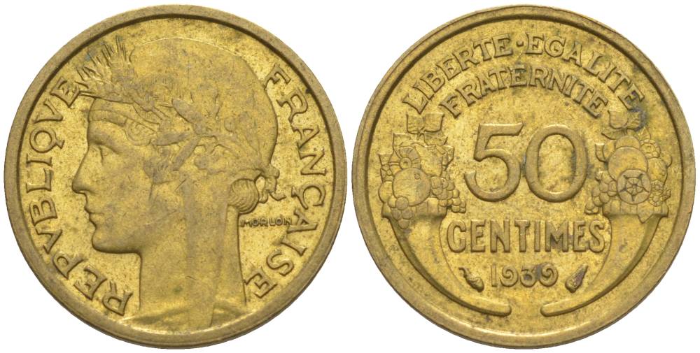 ФРАНЦИЯ 50 САНТИМОВ 1939 ТИП MORLON KM 894.1, LE FRANC 192.15 алюминиевая бронза 44-859
