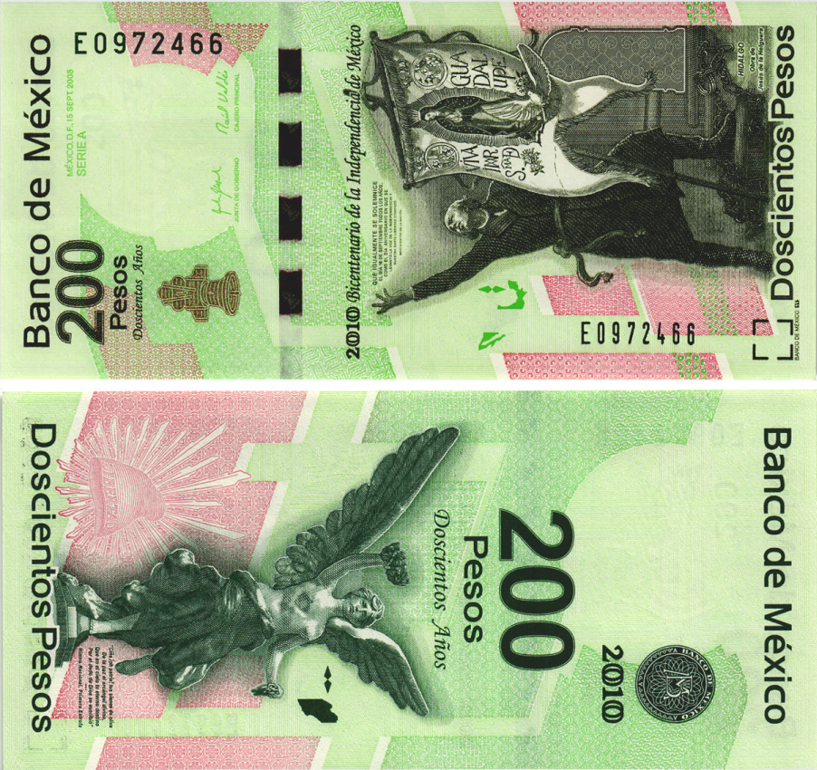 Мексика 200 песо 2008 (2010) 200 лет независимости Мексики, серия A, префикc E Pick 129e бумага UNC- 445-1-3