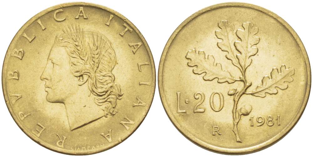 Италия 20 лир 1981 R, дубовые листья KM 97.2 алюминиевая бронза 4511-811