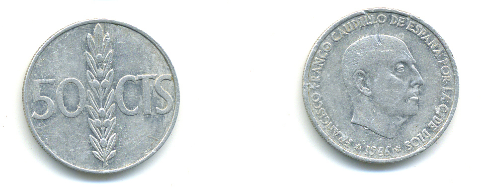 ИСПАНИЯ 50 СЕНТИМО 1966 (71) ФРАНСИСКО ФРАНКО ДИКТАТОР ИСПАНИИ (1939-1975) KM 795 алюминий 76-1017