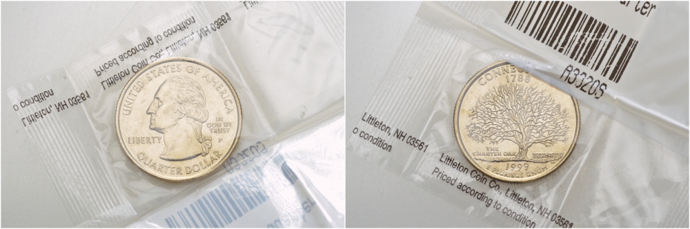 США 25 центов = квотер 1999 Р, серия штаты США, Коннектикут KM 297 медь плакированная медно-никелем 29-135